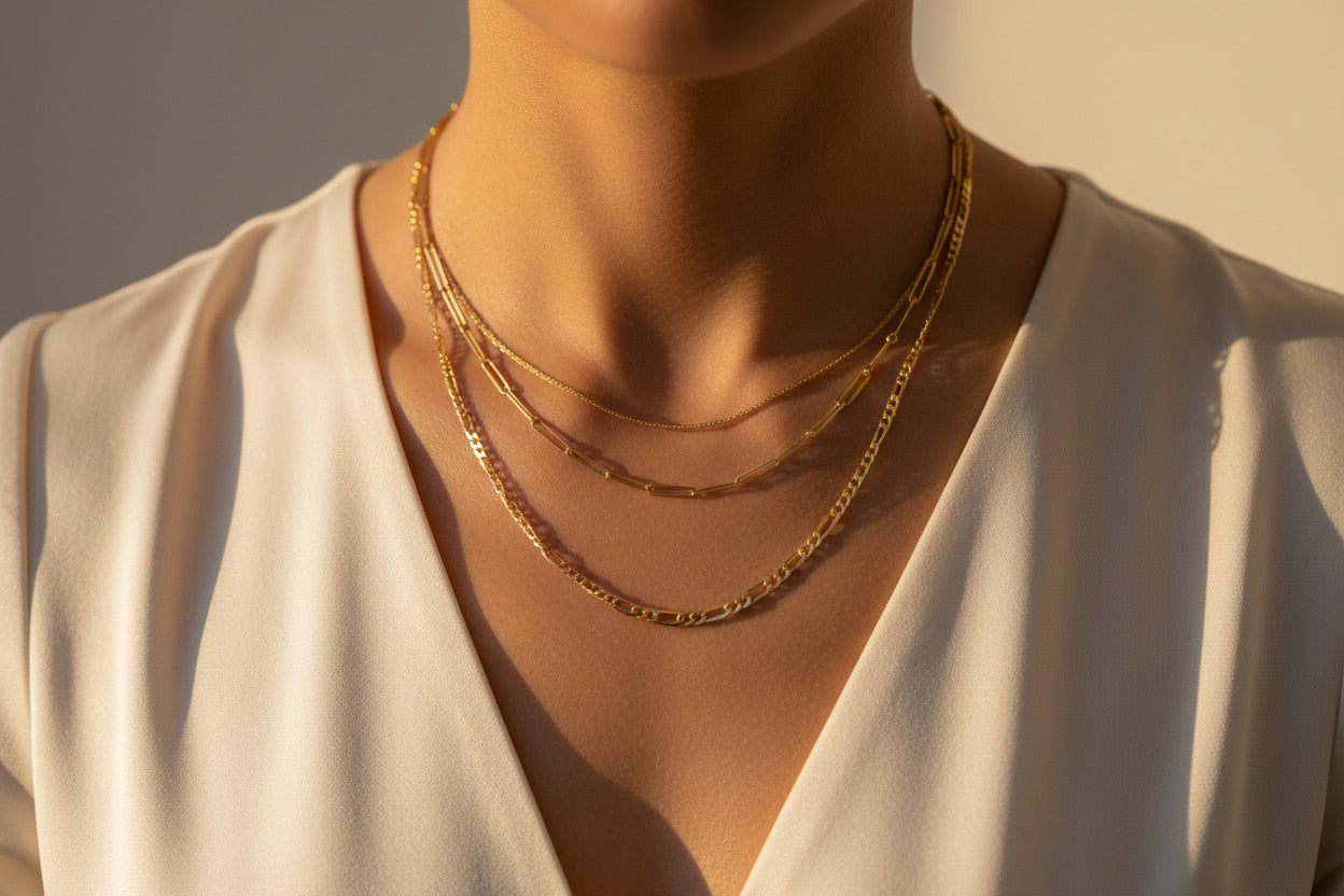 Chain necklaces collection — woman wearing layered 18K yellow gold cable paperclip and figaro chain necklaces by JewelryRich