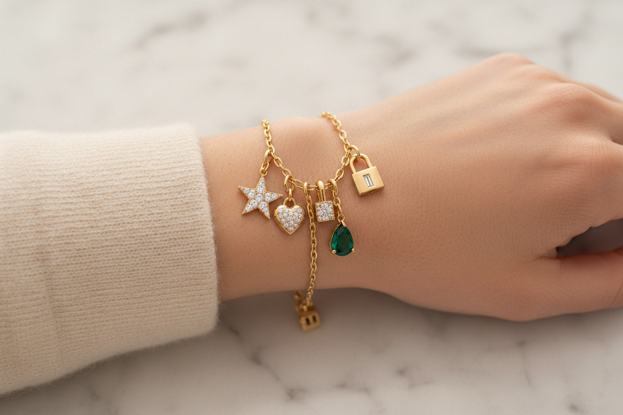 Charm bracelets collection — woman wearing 18K yellow gold charm bracelet with diamond star heart and gemstone charms by JewelryRich