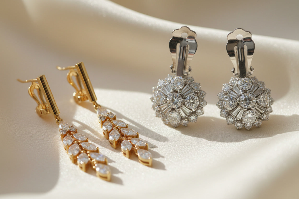 Clip on earrings collection — 18K gold diamond drop and platinum diamond cluster clip-on earrings by JewelryRich