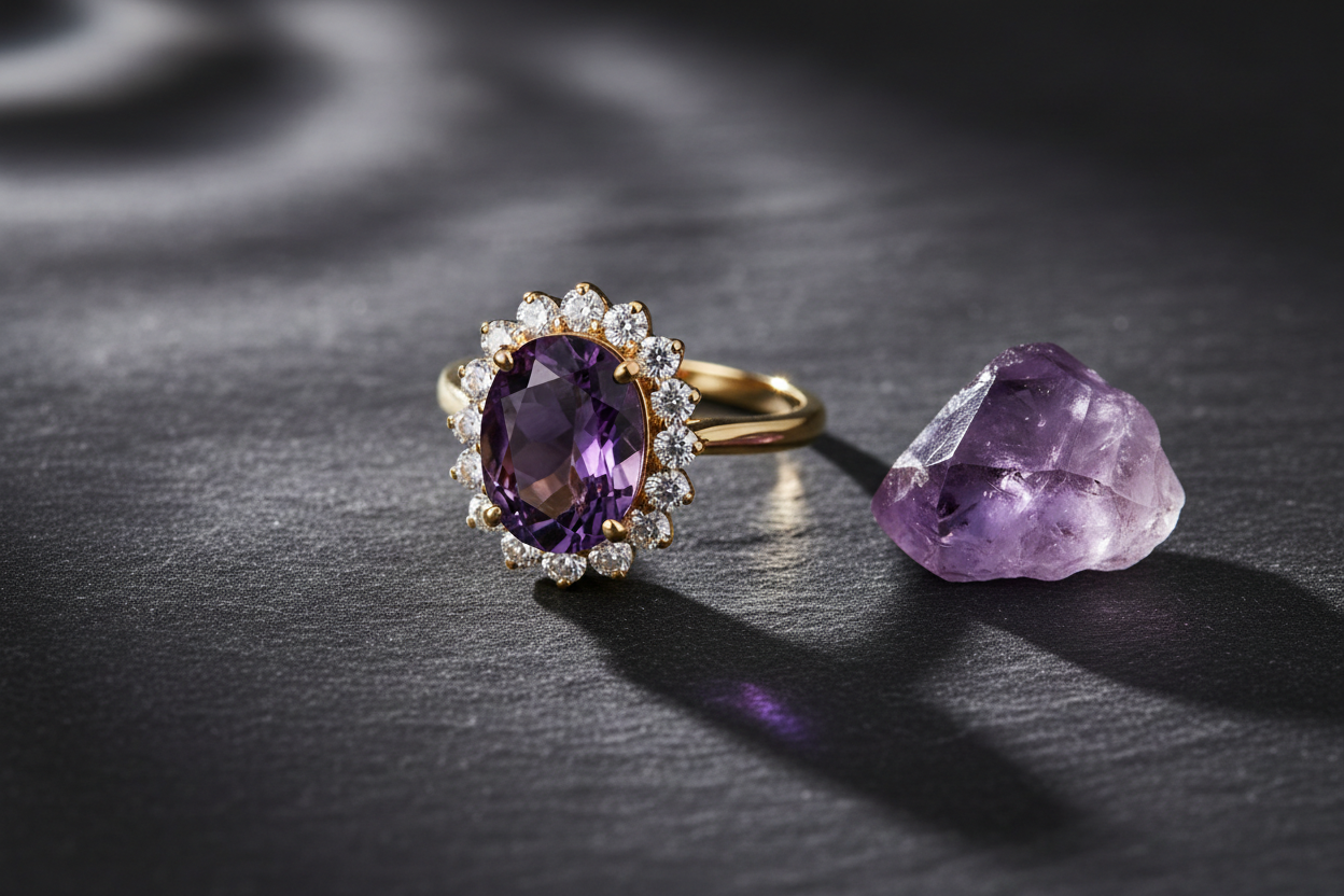 Amethyst fine jewelry collection — 18K gold amethyst ring with diamond halo by JewelryRich