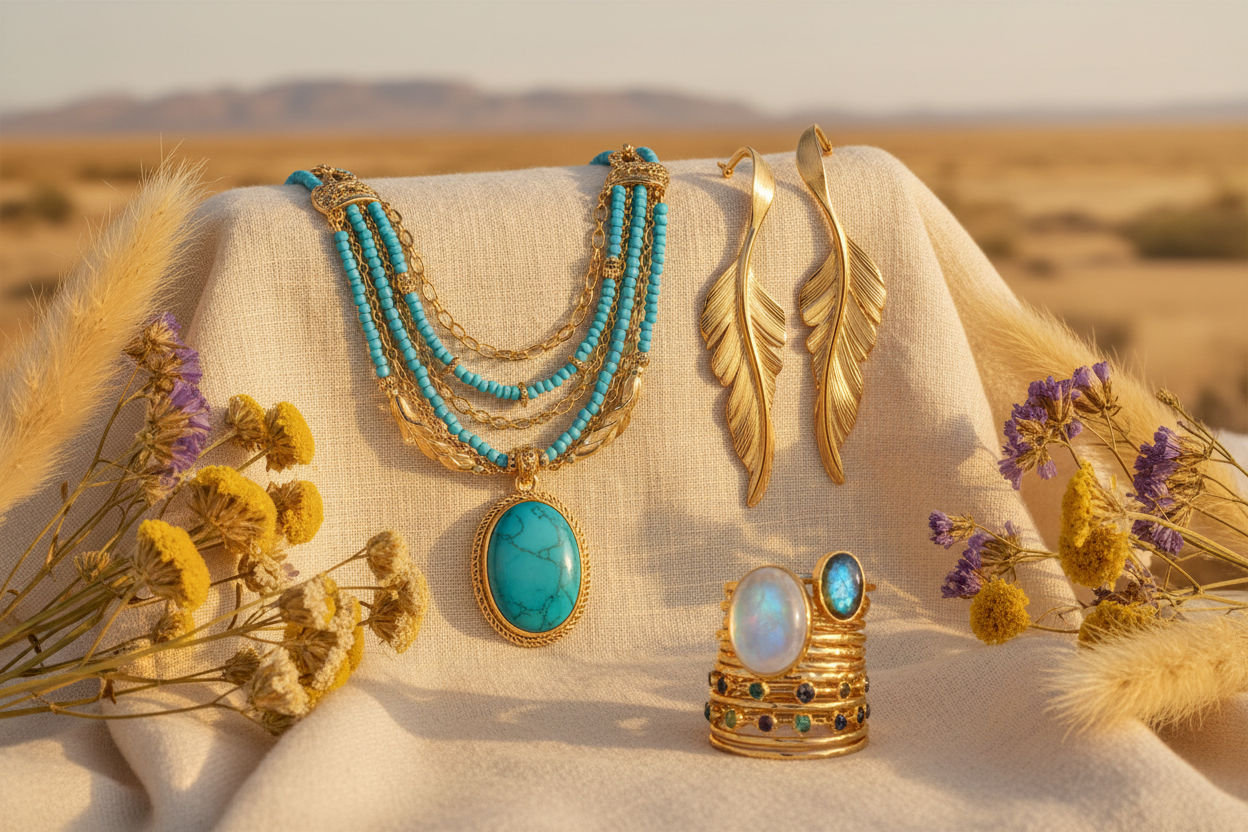 Boho fine jewelry collection — 18K gold turquoise pendant necklace and gemstone rings by JewelryRich