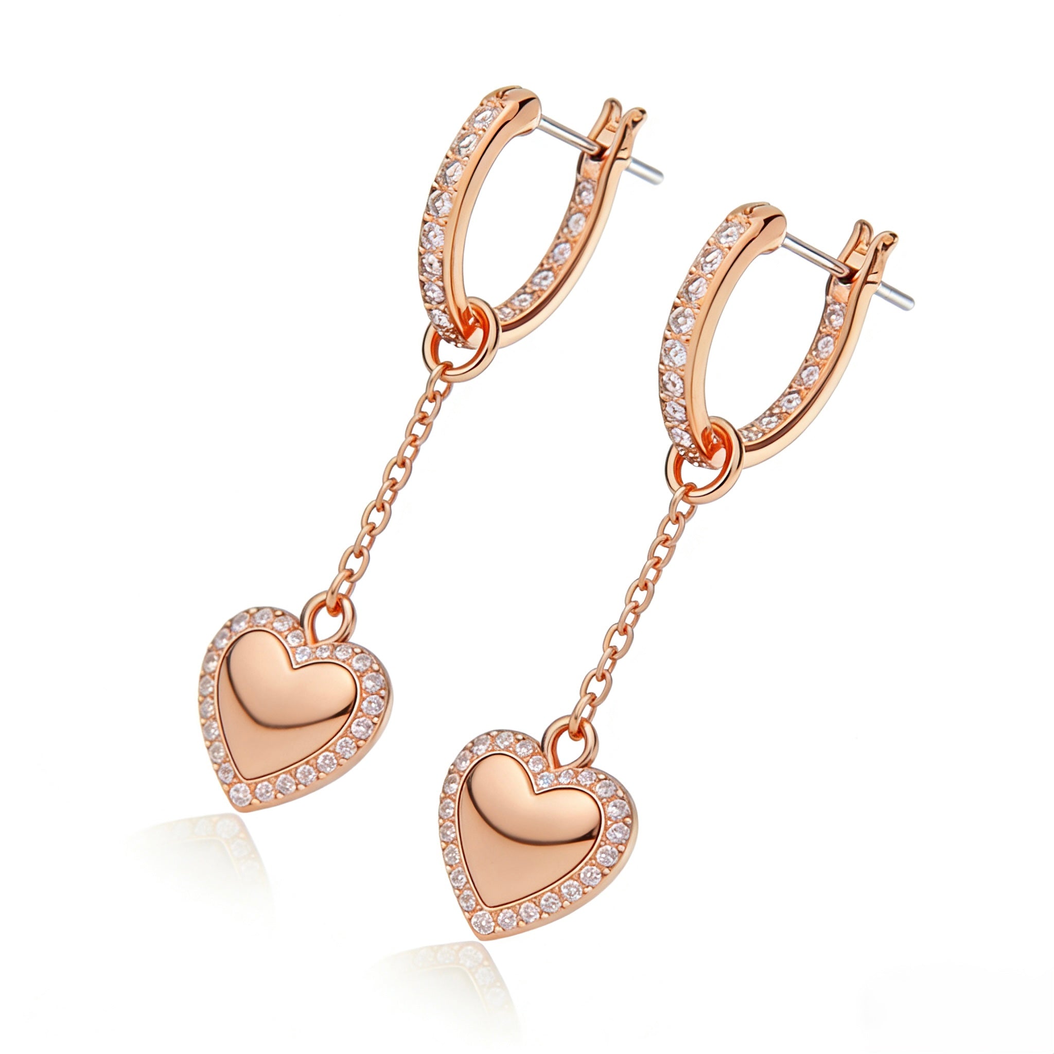 14K Rose Gold Diamond Heart Drop Hoop Earrings side view showing chain drop detail - JewelryRich