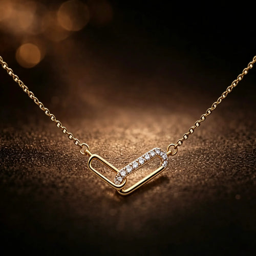 18k gold interlock link necklace with diamond Pave, modern geometric design, minimalist statement fine Jewelry for women | JewelryRich