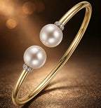 18k Yellow Gold open cuff bangle with Akoya Pearls on diamond-accented rondelles