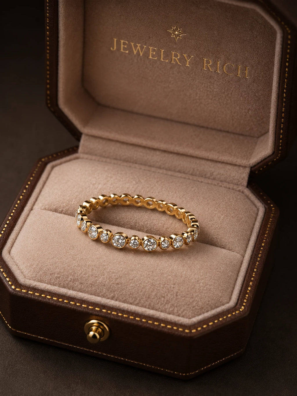 18K yellow gold Orbit Eternity Band bezel-set diamond wedding ring in JewelryRich signature dark brown octagonal velvet jewelry box — fine jewelry made to order
