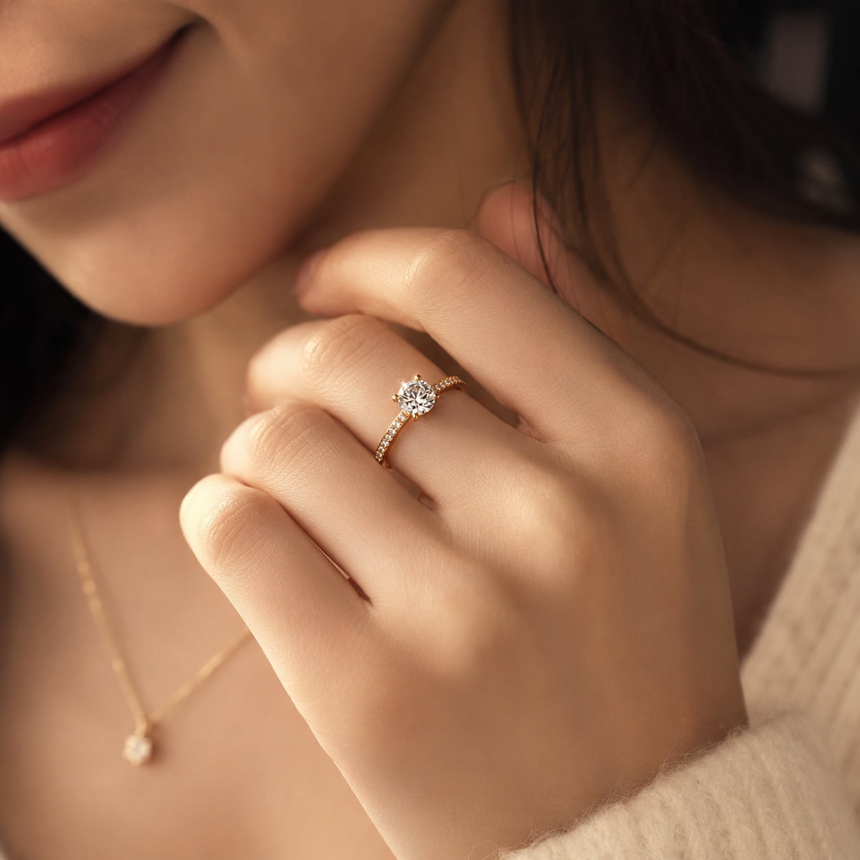 18K Gold Round Diamond Pavé Engagement Ring wearing on a hand