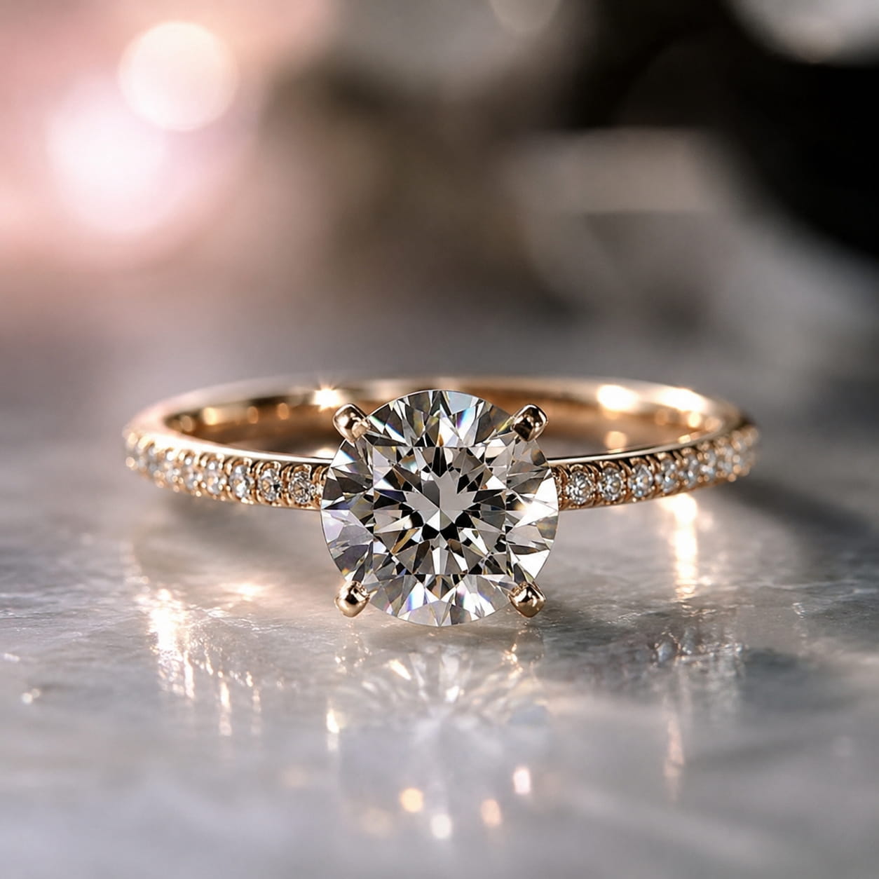 18K Gold Round Diamond Pavé Engagement Ring sideview JewelryRich