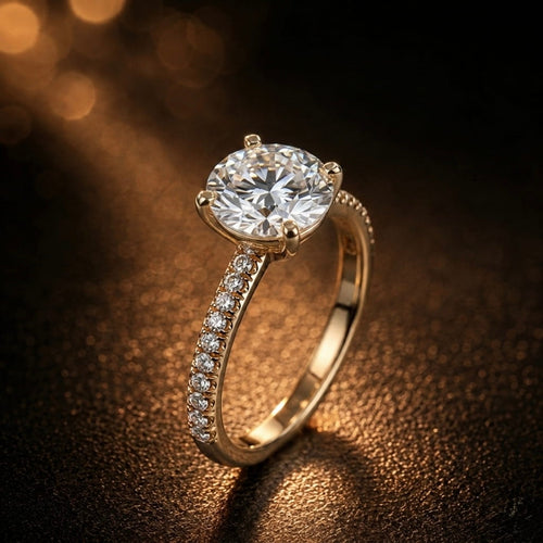 18K Gold Round Diamond Pavé Engagement Ring JewelryRich