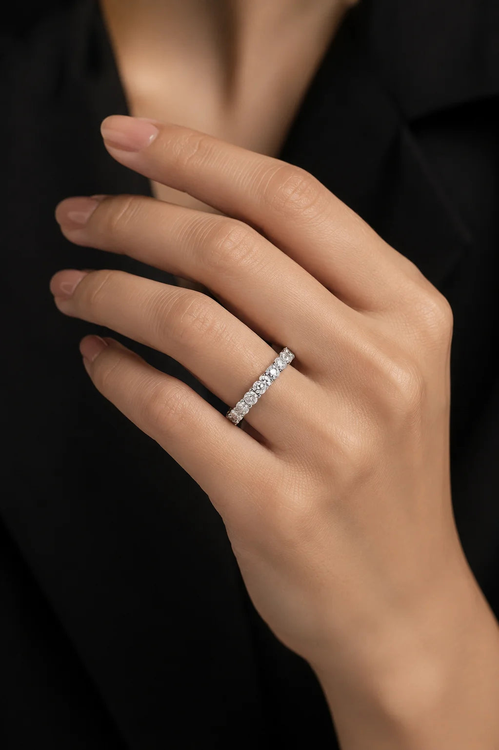 Full eternity diamond band worn on hand, 18K white gold with continuous brilliant-cut GIA certified diamonds, JewelryRich