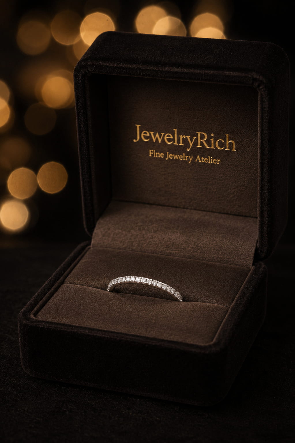 Thin minimal diamond wedding band presented in JewelryRich signature luxury gift box, 18K white gold