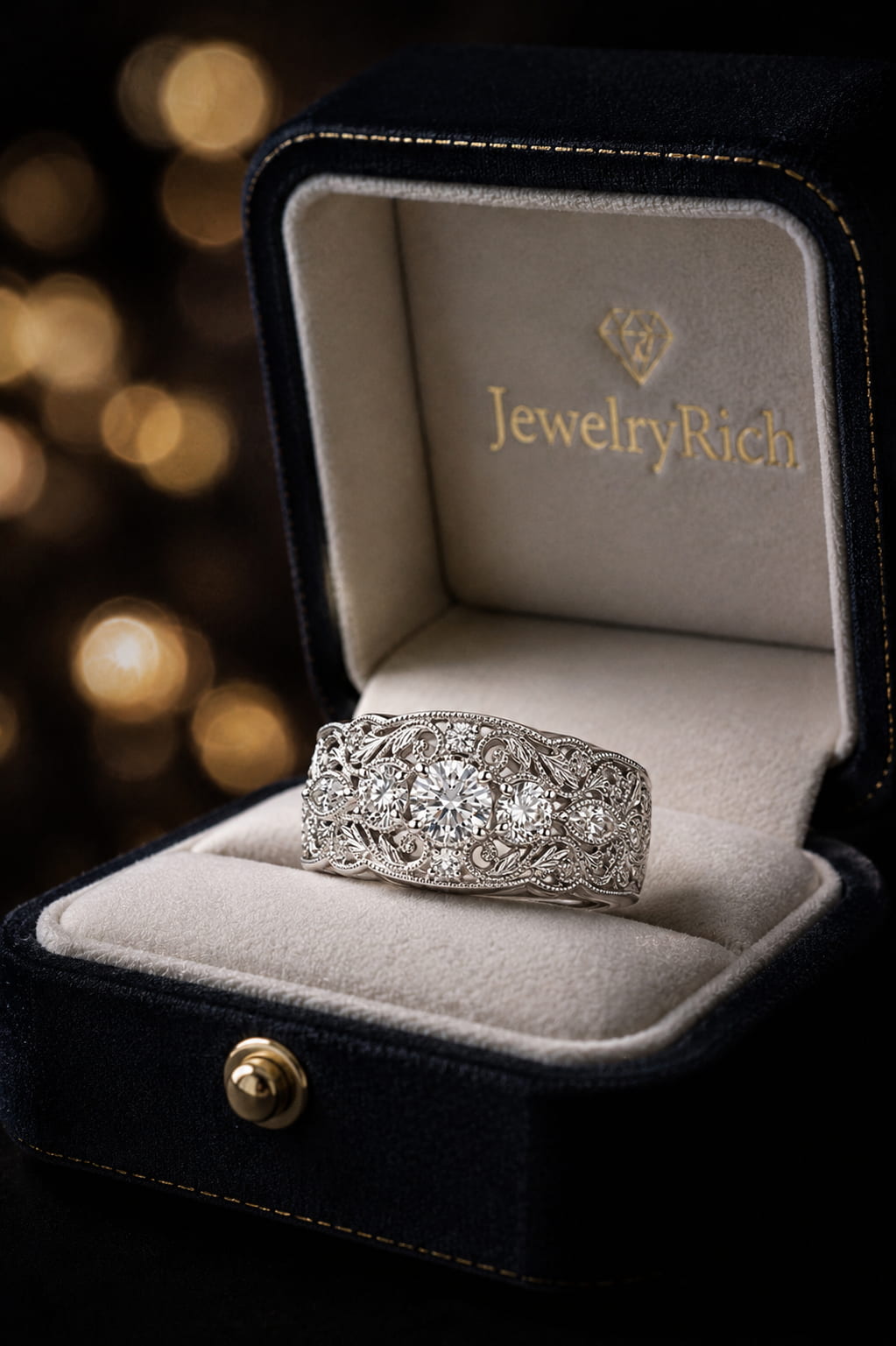 18K white gold vintage filigree diamond wedding band presented in JewelryRich signature luxury gift box