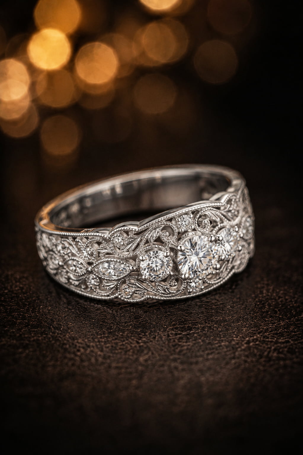 18K white gold vintage filigree diamond wedding band with Art Deco scrollwork and three brilliant-cut diamonds, dark luxury flat lay