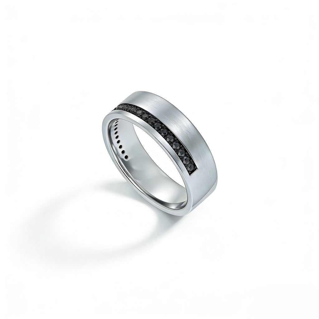 Platinum black diamond men's ring close-up, brushed finish with channel-set black diamonds