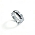 Platinum black diamond men's ring close-up, brushed finish with channel-set black diamonds