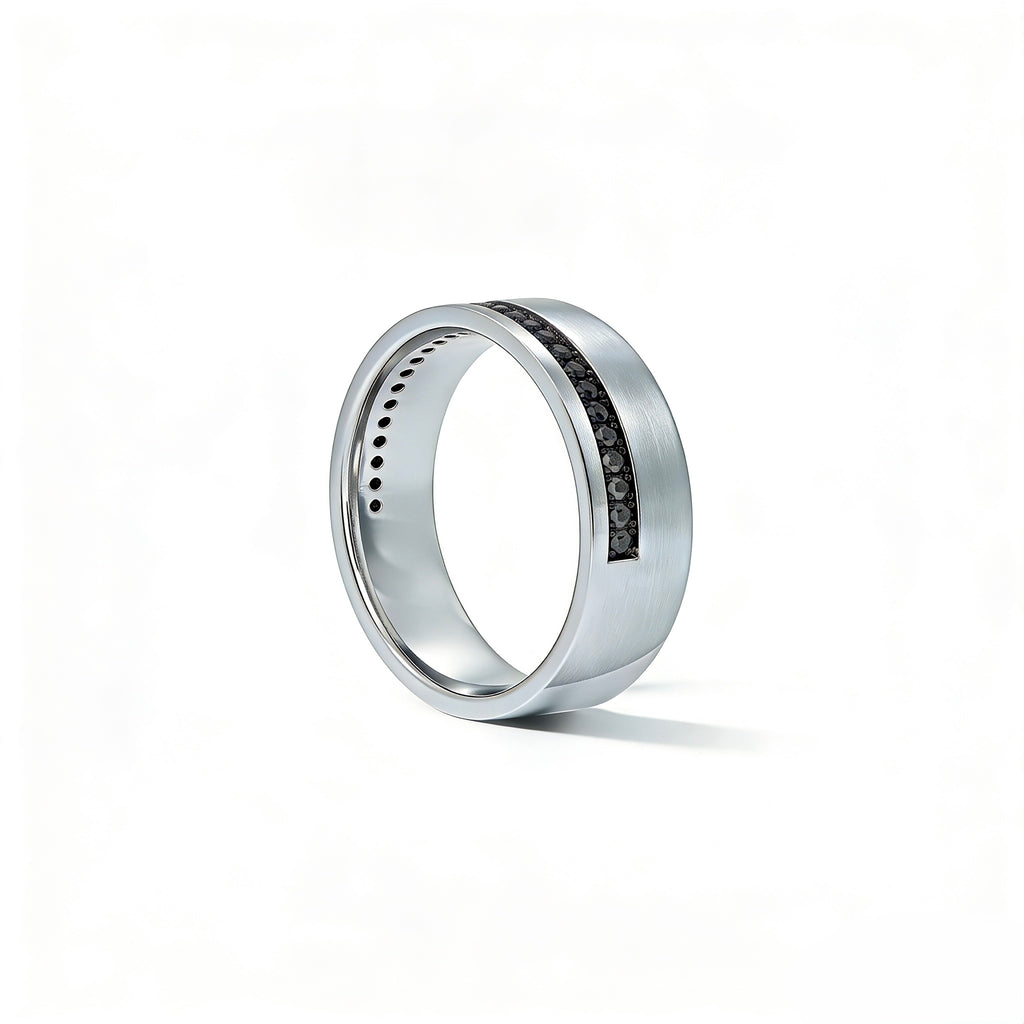 Men's platinum band with black diamonds, side profile view, 10mm width