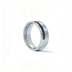 Men's platinum band with black diamonds, side profile view, 10mm width