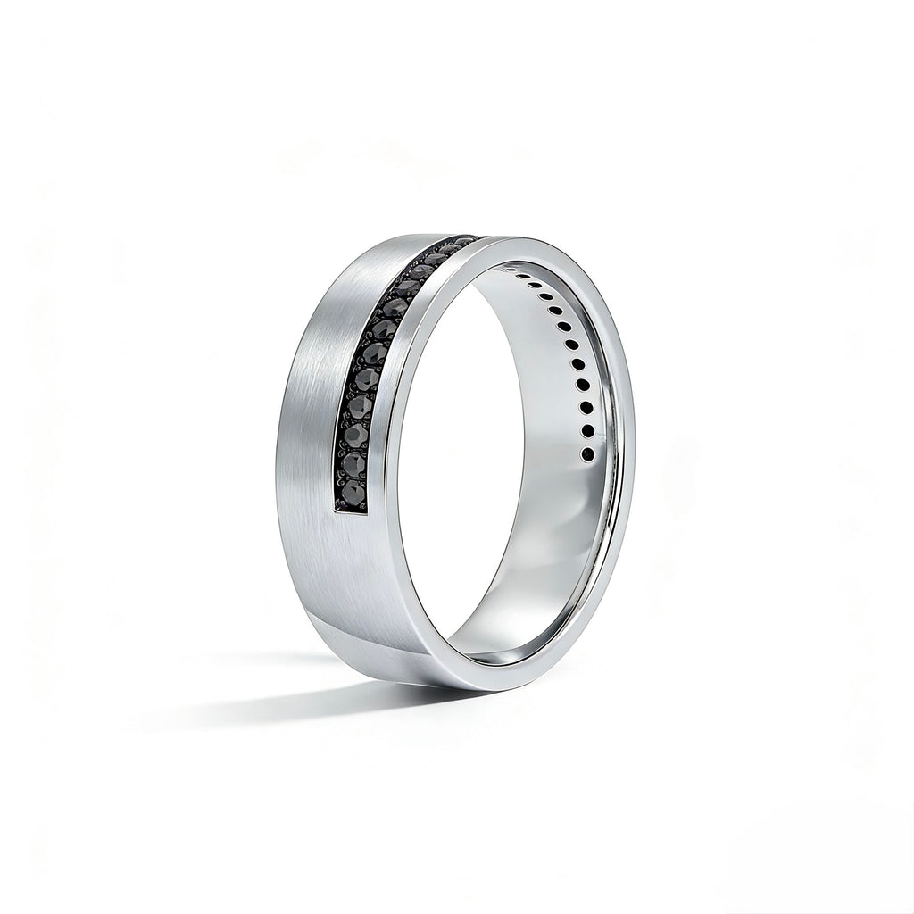 JewelryRich men's platinum black diamond ring, bold luxury band, brushed surface detail