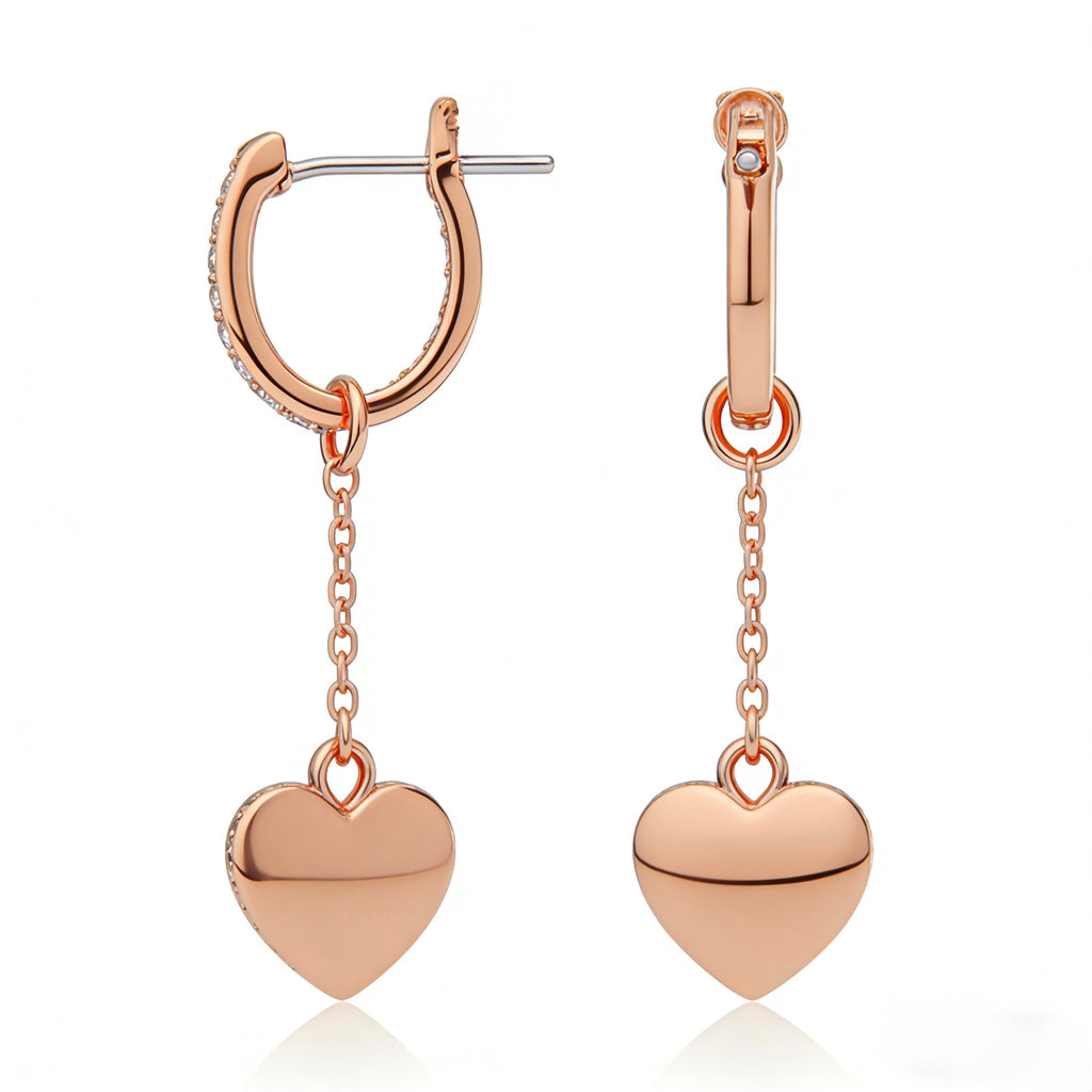 14K Rose Gold Diamond Heart Charm Earrings close-up showing pavé diamond border - JewelryRich