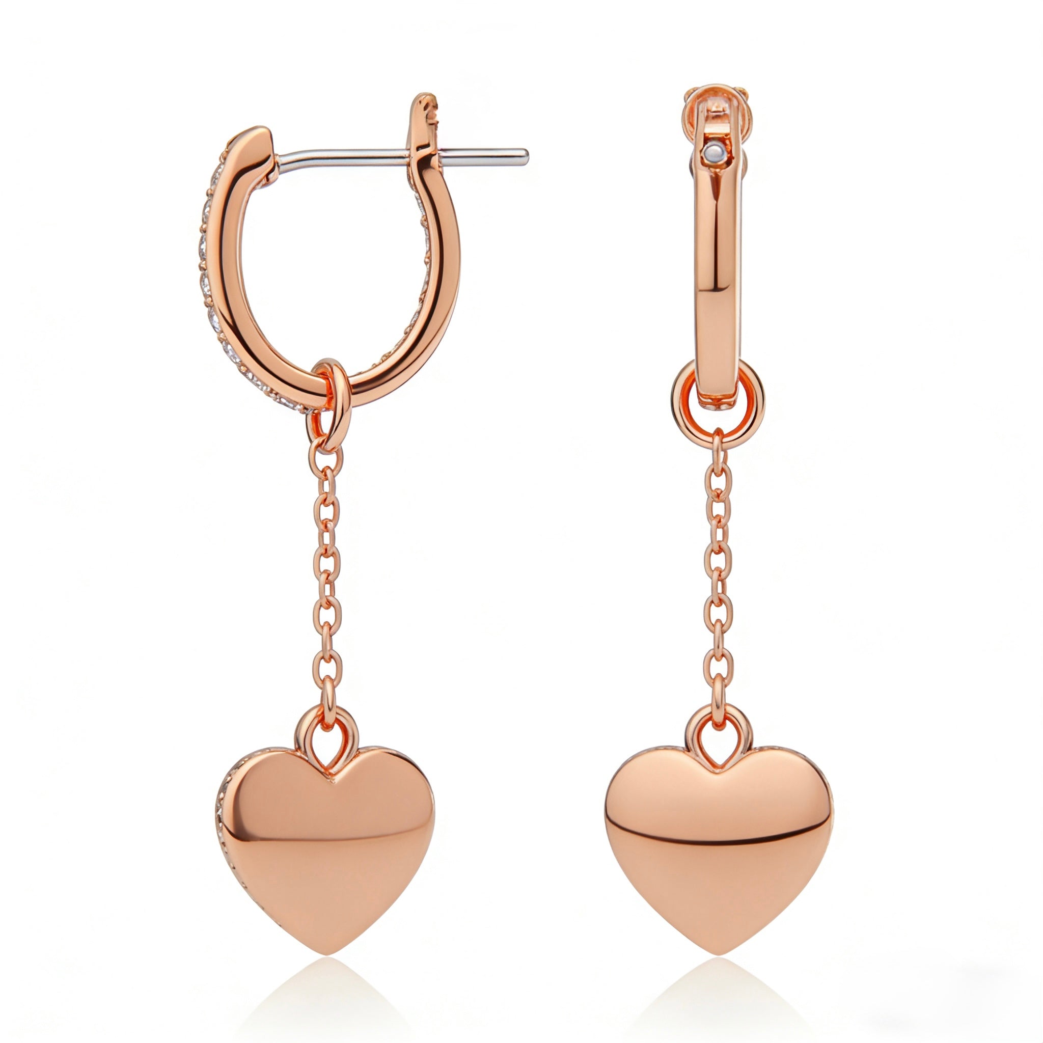 14K Rose Gold Diamond Heart Charm Earrings close-up showing pavé diamond border - JewelryRich