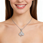 18K white gold three-leaf clover diamond necklace – front view on model