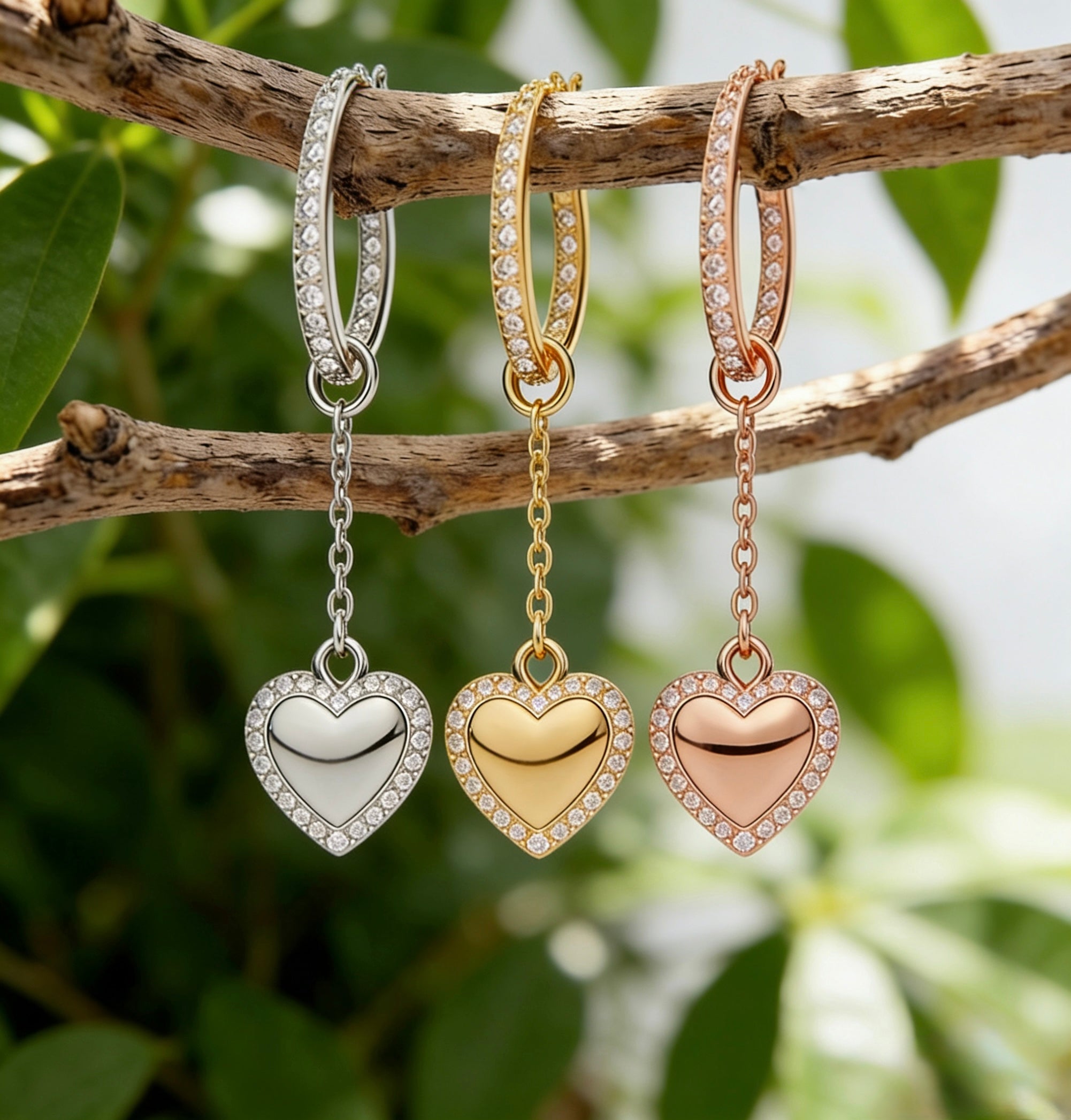 14K Gold Diamond Heart Drop Hoop Earrings in Rose Gold Yellow Gold and White Gold - JewelryRich