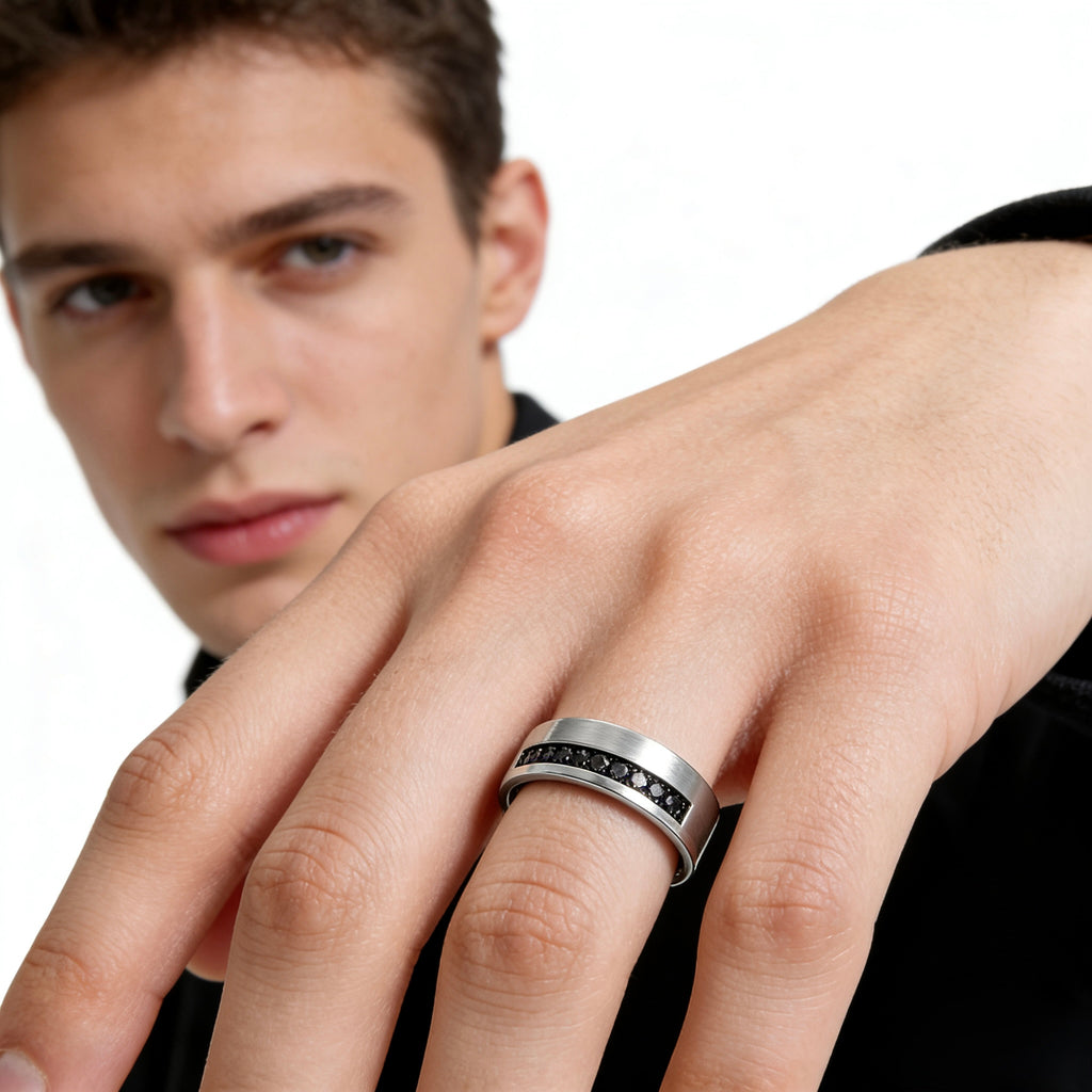 Platinum black diamond ring on hand, men's luxury jewelry, JewelryRich