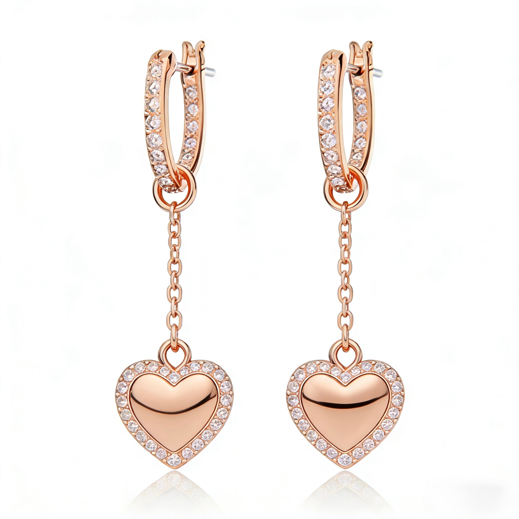 14K Rose Gold Diamond Heart Drop Hoop Earrings with pavé diamond hoop and heart charm - JewelryRich