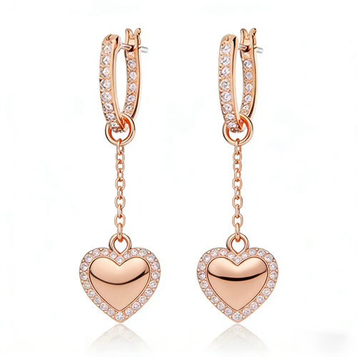 14K Rose Gold Diamond Heart Drop Hoop Earrings with pavé diamond hoop and heart charm - JewelryRich