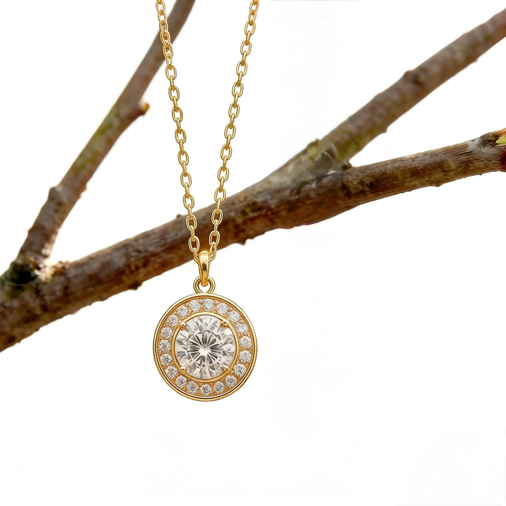18K Gold Moissanite Halo Pendant Necklace