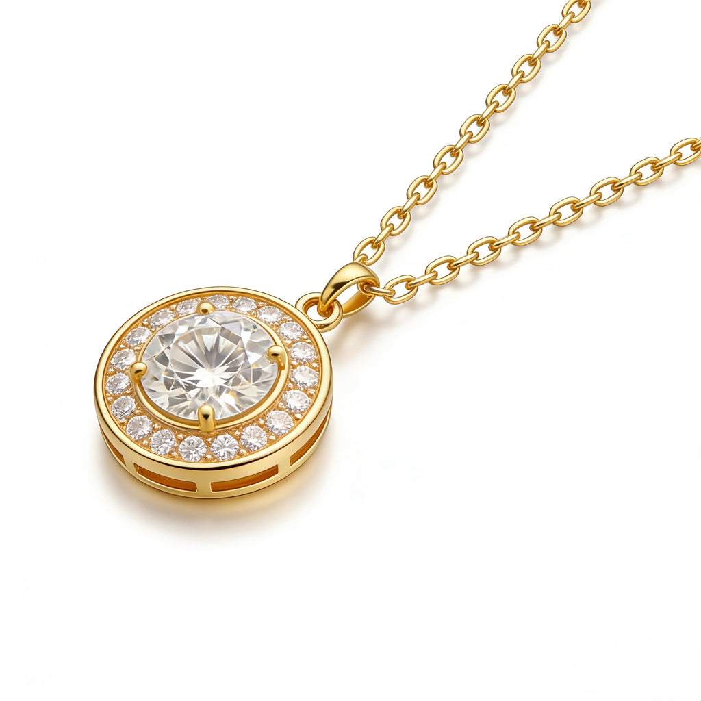 18K Gold Moissanite Halo Pendant Necklace