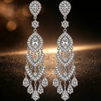 White Gold Diamond Chandelier drop earring, vintage-inspired multi-tier design with pear-cut stones statement Jewelry