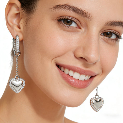 Model wearing 14K White Gold Diamond Heart Drop Hoop Earrings - JewelryRich