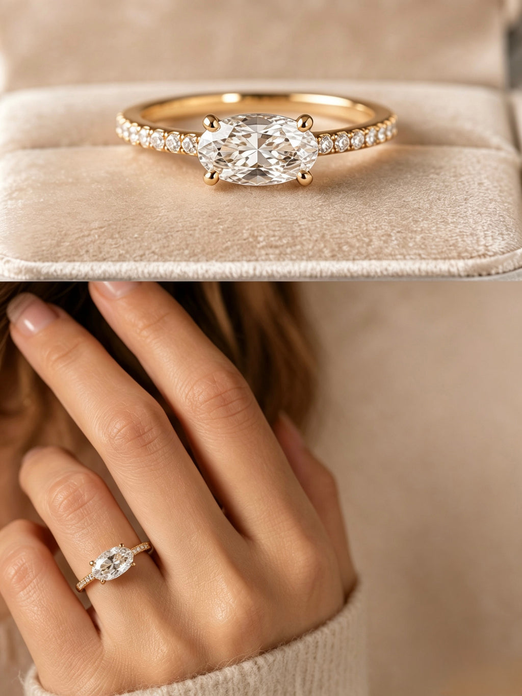 Solitaire east-west oval diamond engagement ring in 18K yellow gold solitaire ring with pave band— JewelryRich