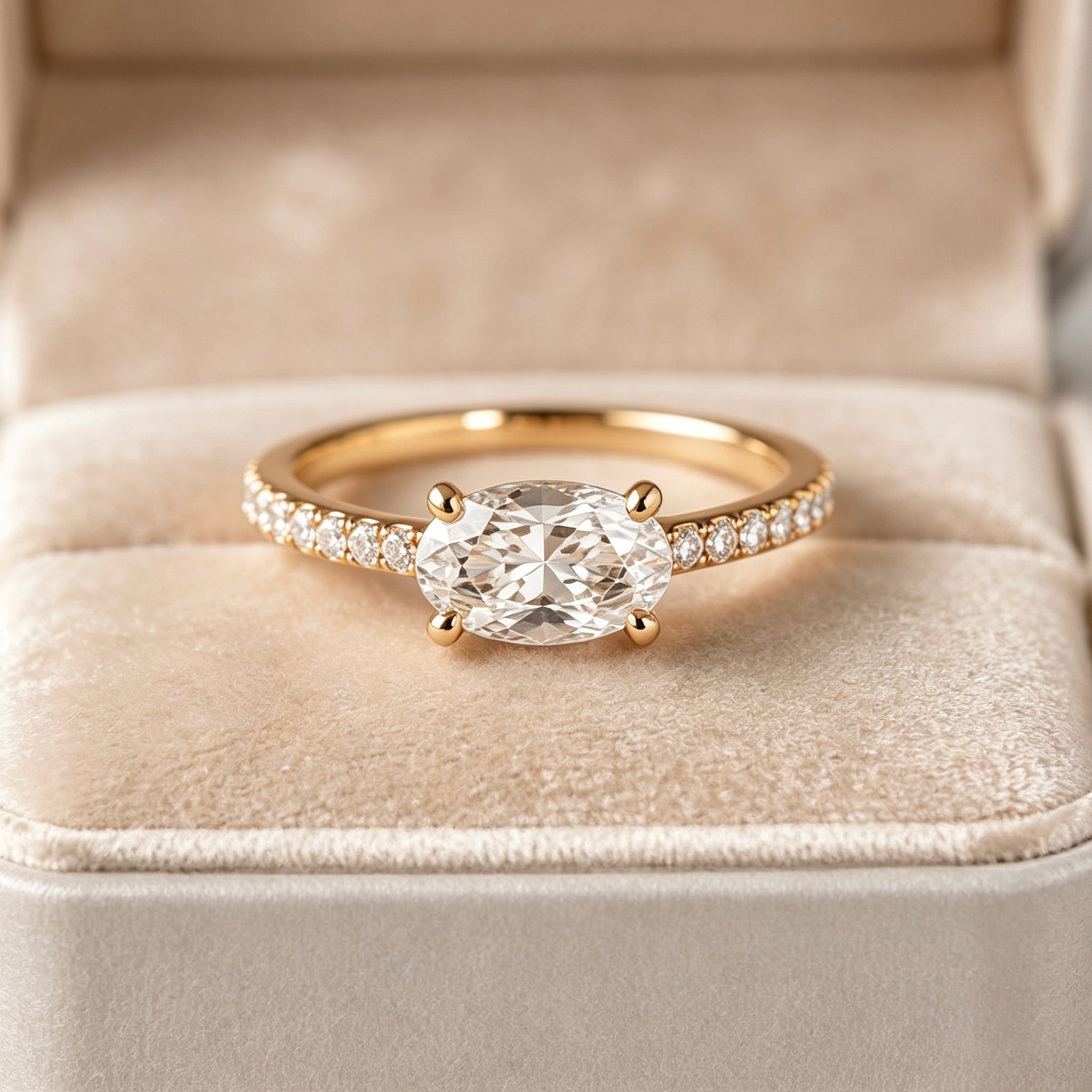Solitaire east-west oval diamond engagement ring in 18K yellow gold — close-up — JewelryRich