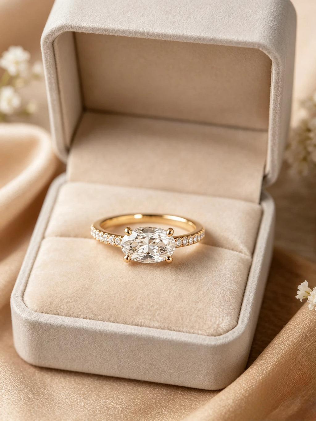 East-West oval diamond engagement ring 18K yellow gold in luxury jewelry box — JewelryRich