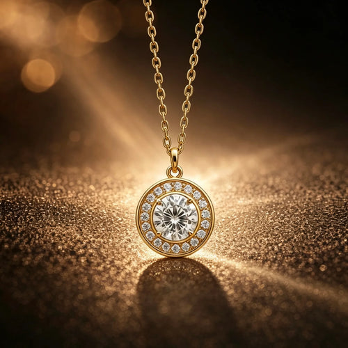 18K gold halo pendant necklace with round-cut center diamond and surrounding pave diamonds, fine jewelry for everyday wear.