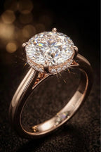 Hidden halo diamond engagement ring close-up — round brilliant diamond with secret micro-pavé halo in 18K rose gold | JewelryRich