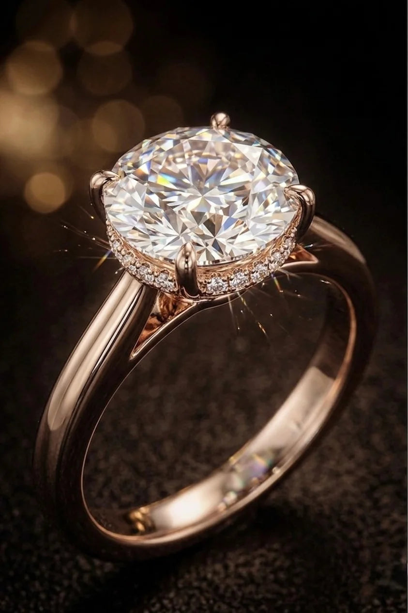 Hidden halo diamond engagement ring close-up — round brilliant diamond with secret micro-pavé halo in 18K rose gold | JewelryRich