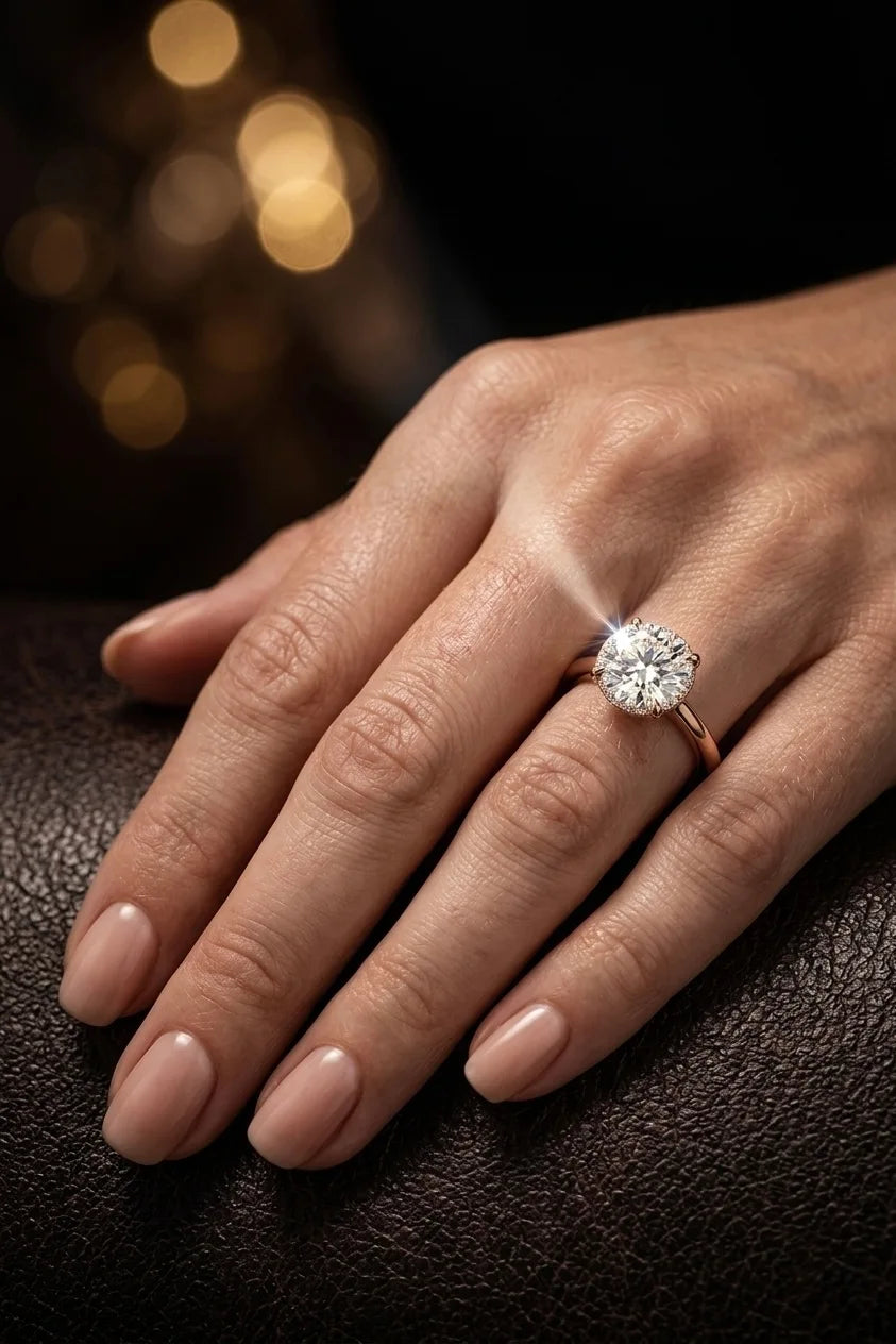 Hidden halo diamond engagement ring worn on hand in 18K rose gold — floating diamond illusion effect | JewelryRich