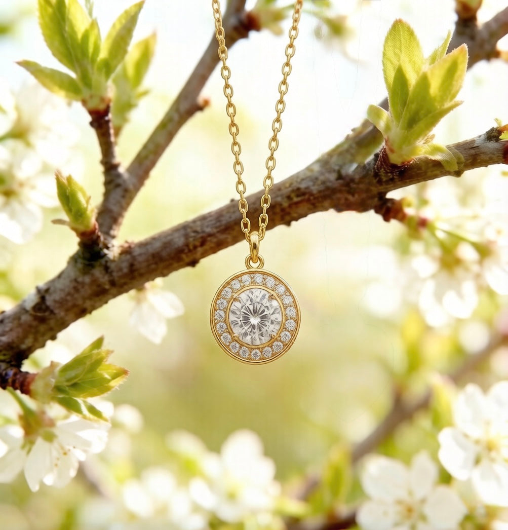 18K Gold Moissanite Halo Pendant Necklace