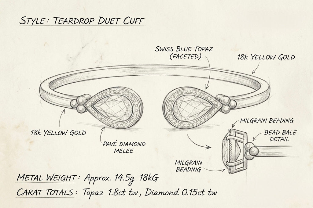 Teardrop Duet Cuff design sketch – Swiss Blue Topaz, pavé diamond melee and milgrain beading detail