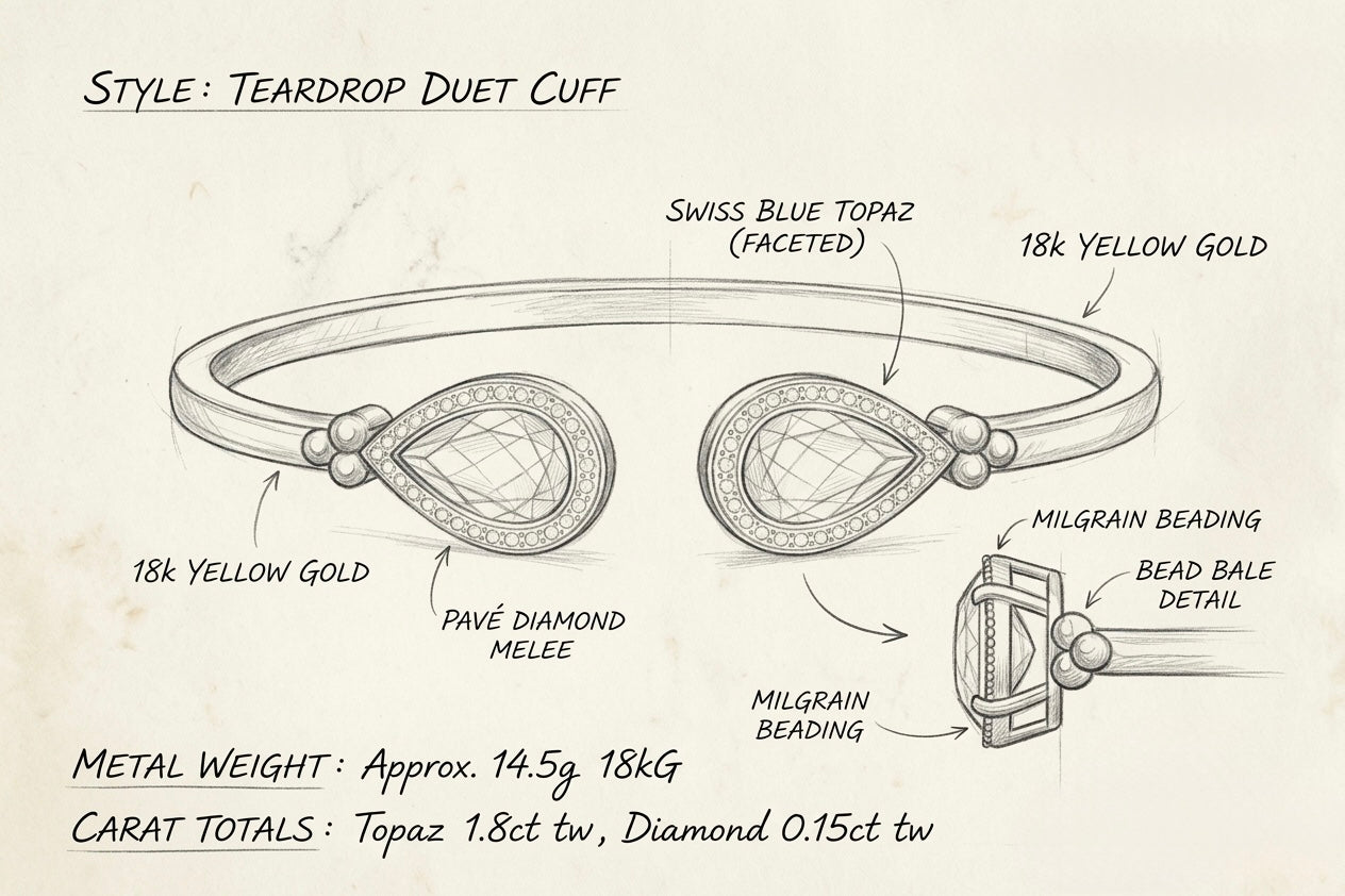 Teardrop Duet Cuff design sketch – Swiss Blue Topaz, pavé diamond melee and milgrain beading detail