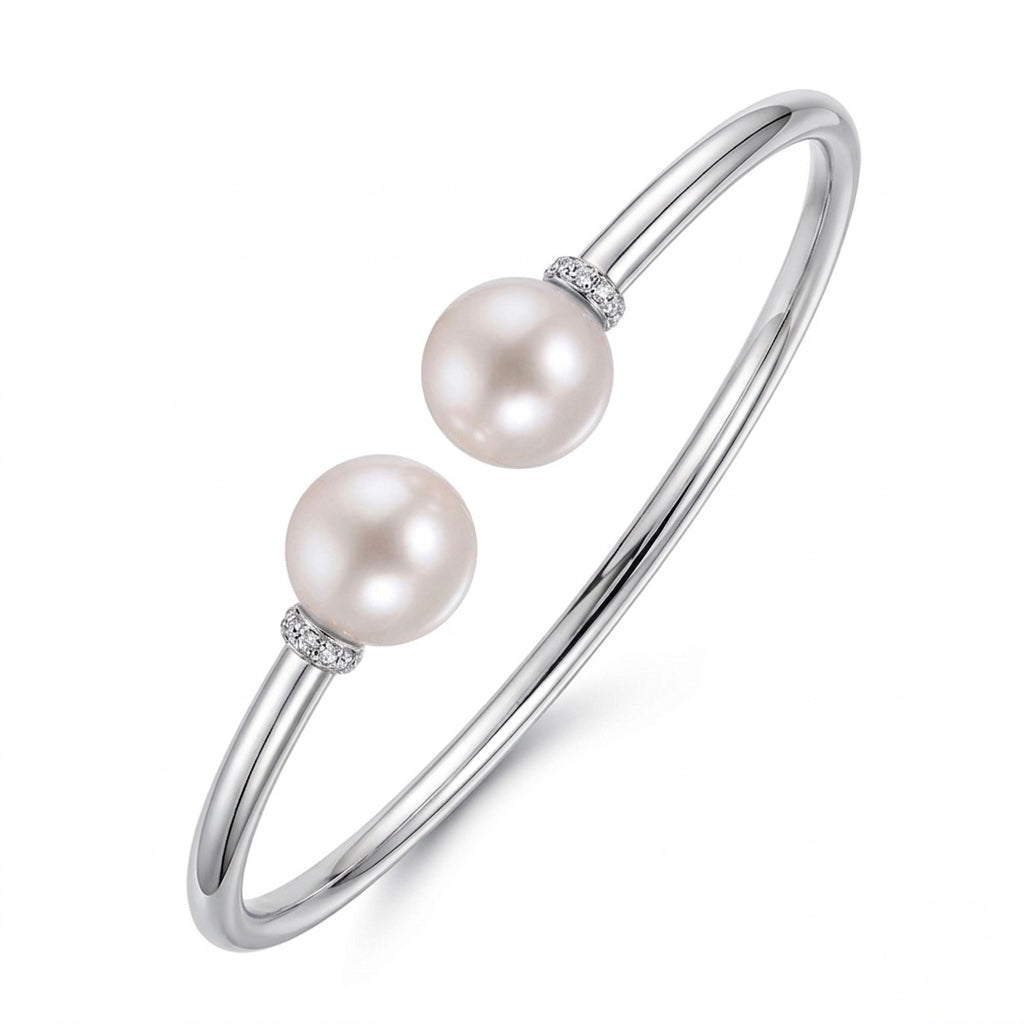 Pearl Duet Cuff 14K White Gold open cuff bangle with freshwater pearls and pavé diamond rondelles – product shot