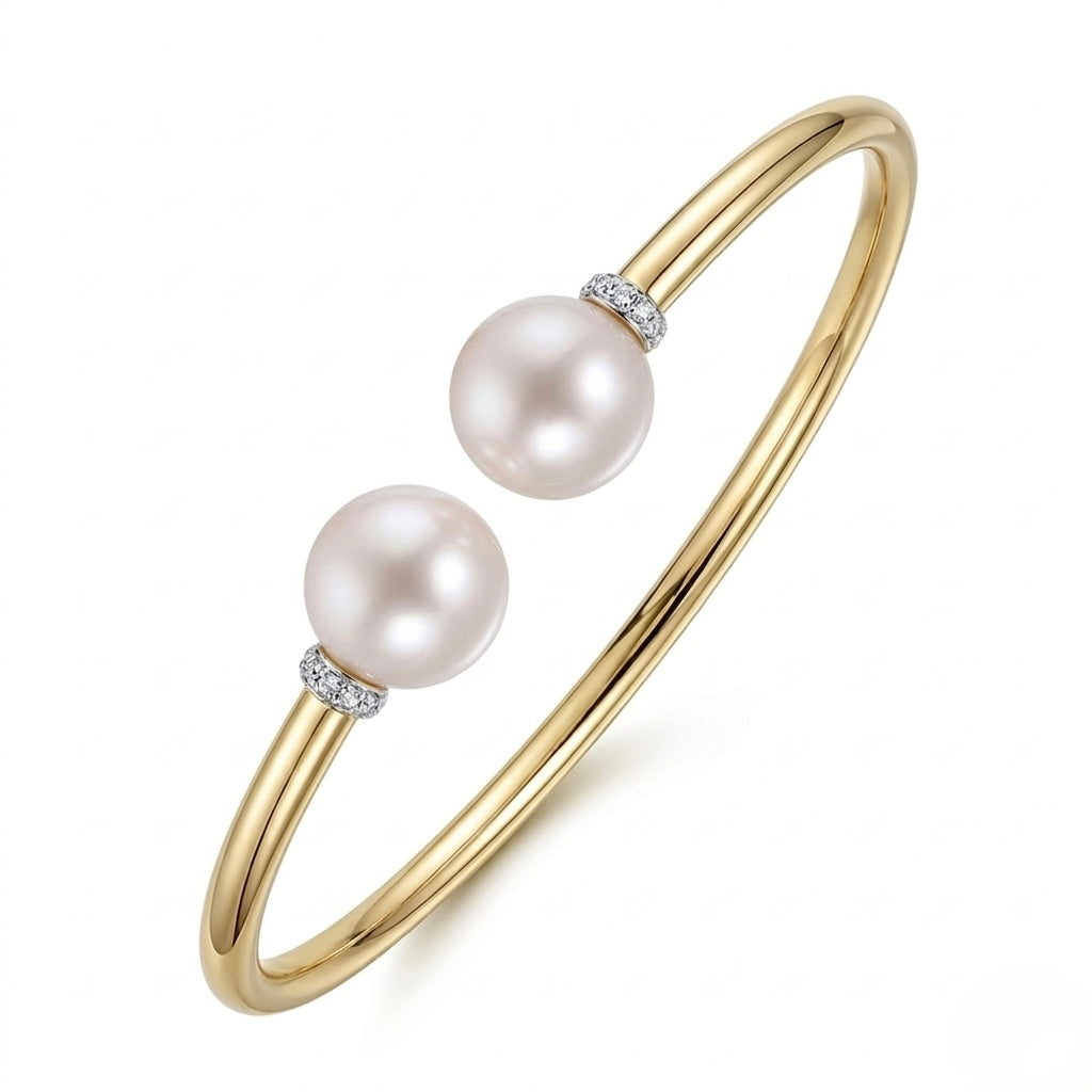 Pearl Duet Cuff 14K Yellow Gold open cuff bangle with two freshwater pearls and pavé diamond rondelles – product shot