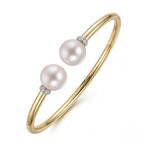 Pearl Duet Cuff 14K Yellow Gold open cuff bangle with two freshwater pearls and pavé diamond rondelles – product shot