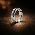 Men's brushed platinum black diamond band ring, 10mm wide, row-set black diamonds, JewelryRich