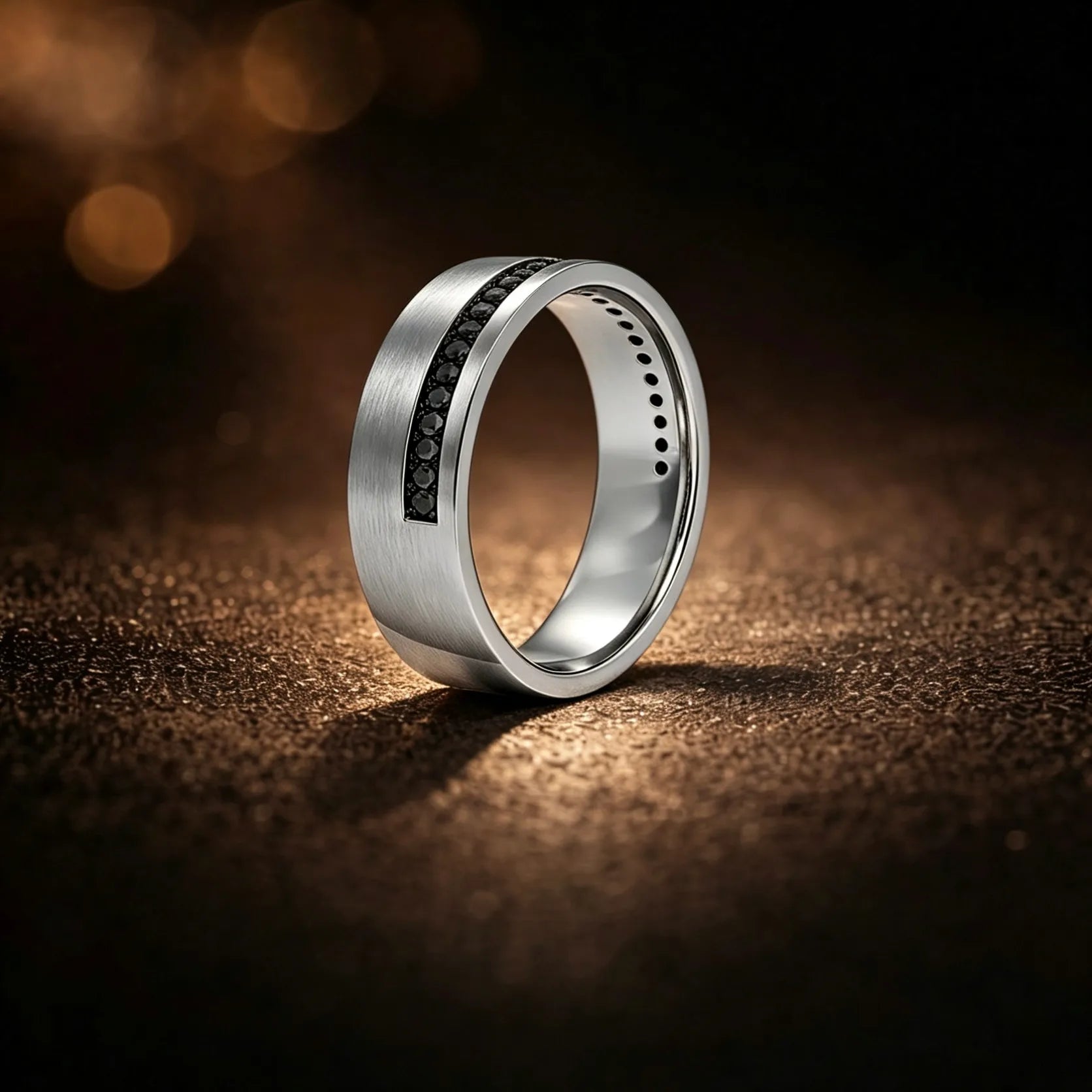 Men's brushed platinum black diamond band ring, 10mm wide, row-set black diamonds, JewelryRich