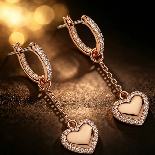 Rose Gold Heart Drop Hoop Earring with Diamond Halo, Dangle Design | JewelryRich