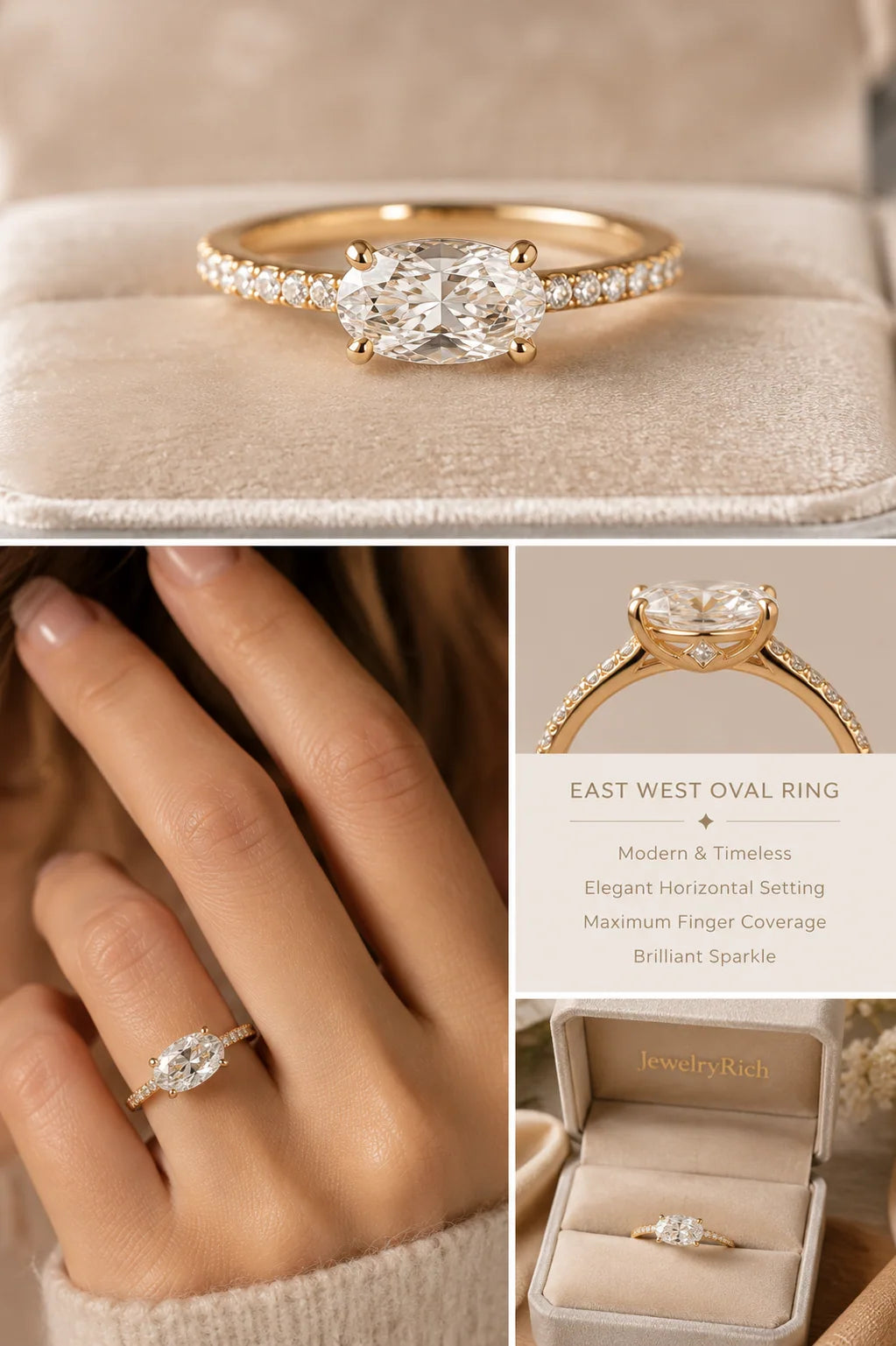 East-West oval diamond solitaire ring 18K yellow gold pavé band — lifestyle view — JewelryRich