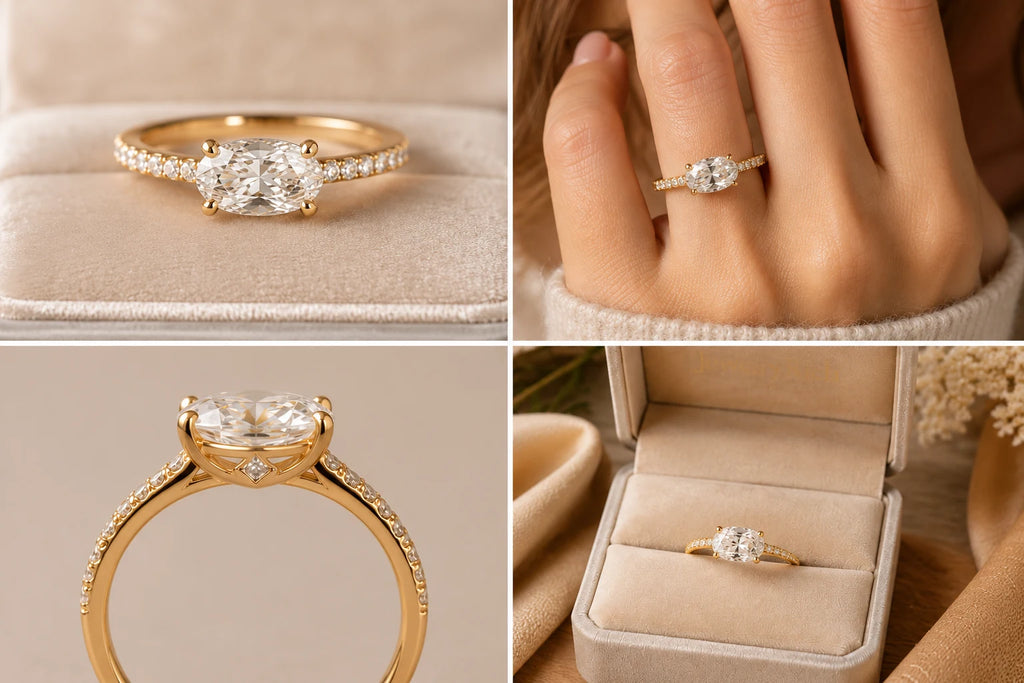 East-West oval diamond ring 18K gold with pavé diamond band — angled view — JewelryRich